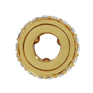 Gold-plated circular charm stopper bead top view showing internal ball detents and scalloped crystal rim