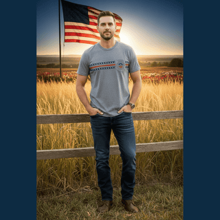 Men's heather gray patriotic stripe tee with stars and stripes graphic on chest, worn by model in golden field at sunset