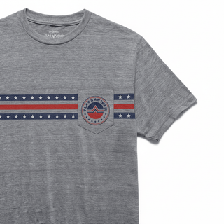 Flat lay of men's heather gray cotton blend t-shirt featuring red white and blue horizontal stripe design and mountain logo pocket