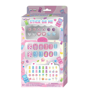 Hot Focus Stick On Me Gummy Bear set with stick-on earrings, press-on nails, and sticker sheet