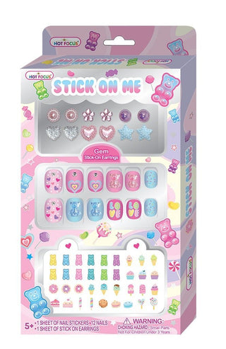 Hot Focus Stick On Me Gummy Bear set with press-on nails, gem earrings, and nail stickers