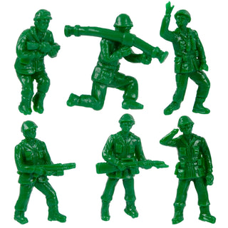 Six green plastic army men toy figurines in various military poses