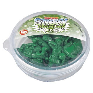 Green sticky army men figurines in clear round plastic container by US Toy Company