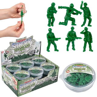 Green sticky stretchy army men figurines in round container, 6-pack display box