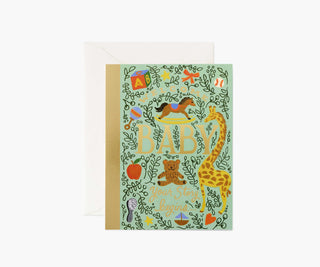 Rifle Paper Co. Storybook Baby Card in mint green with giraffe, teddy bear, and gold foil text