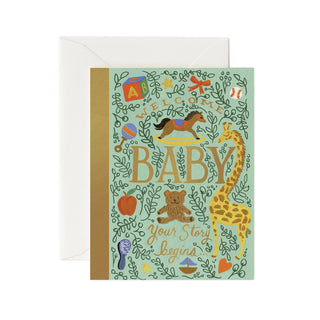 Rifle Paper Co. Storybook Baby Card with mint background, giraffe, teddy bear, and gold text