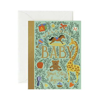 Rifle Paper Co. Welcome Baby greeting card with mint green storybook design and envelope
