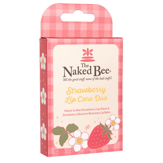 The Naked Bee Strawberry Lip Care Duo box with pink gingham pattern and floral strawberry design