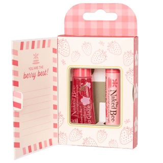 Naked Bee Strawberry Lip Care Duo gift set with lip glaze and lip balm in pink gingham packaging