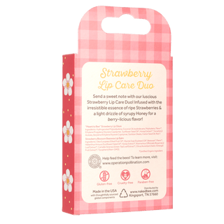 Naked Bee Strawberry Lip Care Duo back packaging with pink gingham design and daisy accents