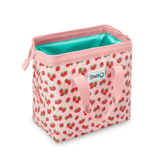 Swig Strawberry Shortcake Packi 12 cooler bag with red strawberry pattern and teal insulated lining