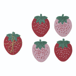 Set of four beaded strawberry-shaped coasters with green leaves 
