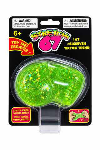 Stretchi 67 green glitter squishy fidget toy in black blister pack packaging