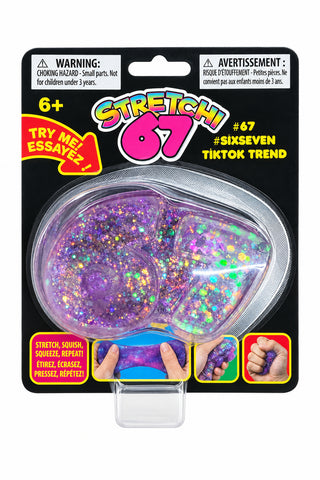 Stretchi 67 purple glitter squishy stress toy in blister pack packaging