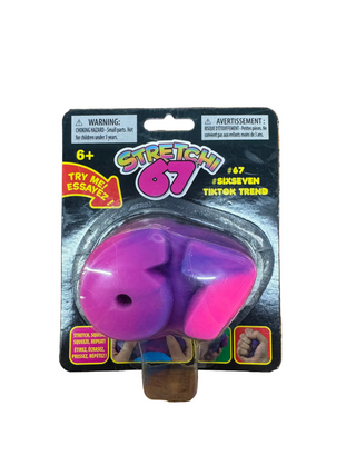 Stretchi 67 purple and pink squishy stretch toy in blister pack packaging