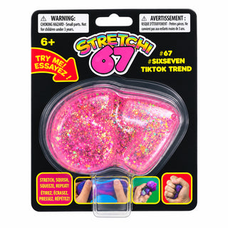 Stretchi 67 pink glitter sensory squeeze toy in retail packaging, ages 6+