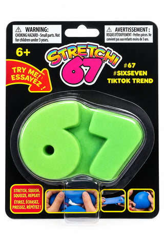 Stretchi 67 green foam number stress toy in black blister packaging