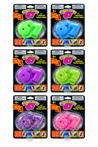 Stretchi 67 squish toys in six colors including glitter variants, packaged in blister packs