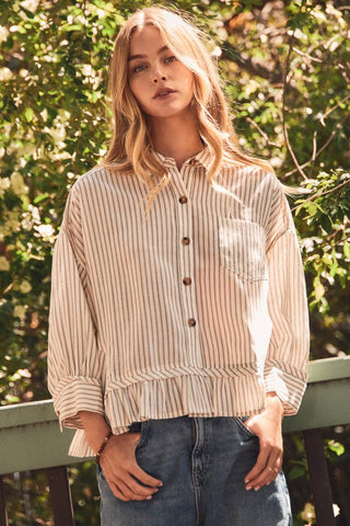 Oddi cream striped long-sleeve button-up shirt with ruffle hem and chest pocket