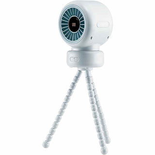 White compact clip-on stroller fan with teal grille and flexible tripod base for tabletop use
