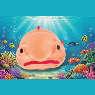 Plush toy resembling a fish with a sad expression 