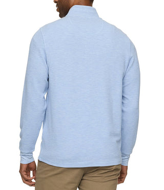 Back view of men's light blue waffle quarter mock neck pullover sweater on model