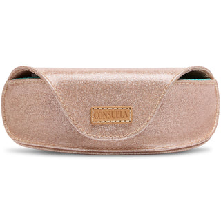Consuela Bae sunglass case in rose gold glitter with teal interior lining