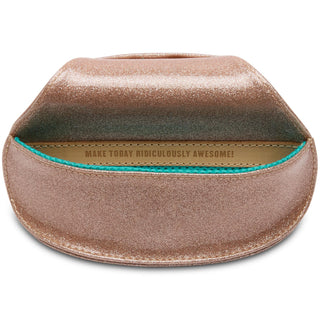 Open rose gold glitter sunglass case with teal trim and motivational interior message