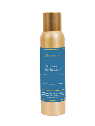 Aromatique Sunkissed Sandalwood fragranced room spray in 5 fl oz gold aerosol can