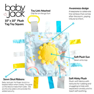 Diagram showing soft plush sun, minky backing, and sewn shut ribbons
