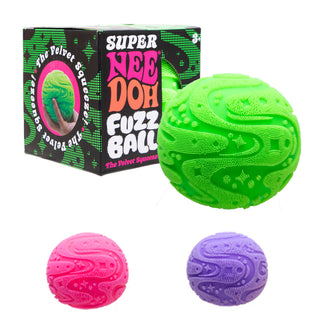 Super Nee Doh Fuzz Ball stress ball in green with paisley texture, shown with packaging and color variants