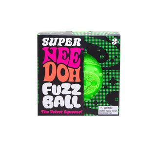 Super Nee Doh Fuzz Ball in green shown in black retail packaging box