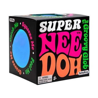 Schylling Super NeeDoh Groovy Glob packaging box with window showing blue squishy toy