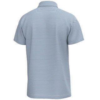 Back view of a blue and white striped polo shirt
