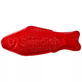 Red Swedish Fish squishy toy shaped like a fish with embossed branding