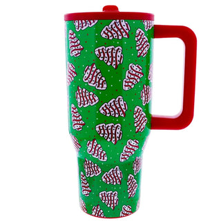Green 30 oz tumbler with red handle, Christmas tree cake pattern, red lid