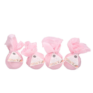Sweet Grace bath bomb set with botanical tags, pink tissue wrap, and silver string