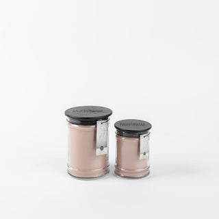 Two Bridgewater Sweet Grace candle jars in blush pink with black lids, small and large sizes
