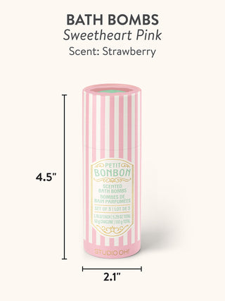 Studio Oh Petit Bonbon Sweetheart Pink striped cylindrical bath bomb set of three, strawberry scented