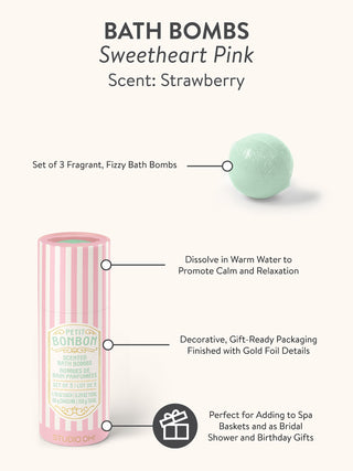 Studio Oh Petit Bonbon Sweetheart Pink strawberry-scented bath bombs set of three in striped tube packaging