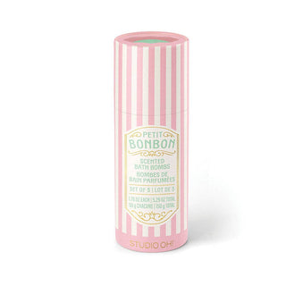 Studio Oh Petit Bonbon scented bath bombs set of 3 in pink striped cylindrical tube packaging