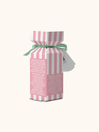 Back view of Sweetheart Pink Shower Steamers box with pink and white stripes and green ribbon