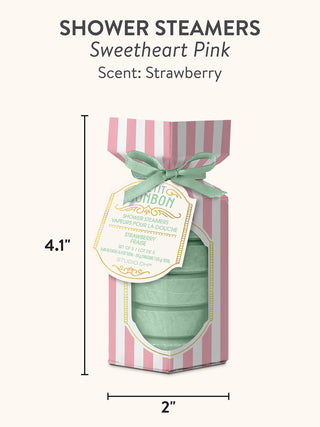 Studio Oh Petit Bonbon Sweetheart Pink strawberry-scented shower steamers set of five in striped gift bag
