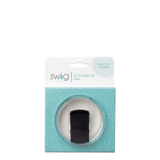 Swig Life Large EZ Slider Lid in black shown in teal geometric retail packaging