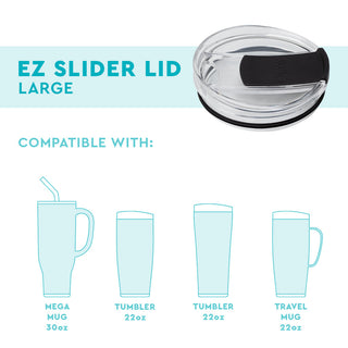 Swig EZ Slider Lid Large shown with compatible drinkware: 30oz Mega Mug, 22oz Tumblers, and 22oz Travel Mug.