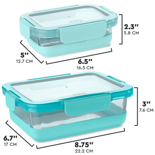 Large rectangular glass meal prep containers with teal frames showing size dimensions