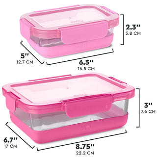 Pink Swig glass food storage set technical diagram with precise inch measurements