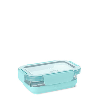 Swig large glass food storage container with teal base and clear snap-lock lid