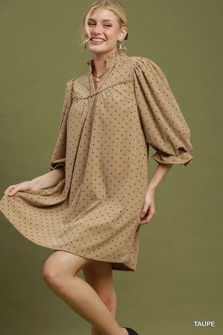 Swiss Dot Ruffle Neck Babydoll Dress