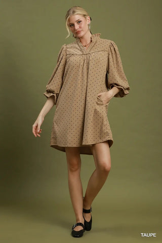 Swiss Dot Ruffle Neck Babydoll Dress